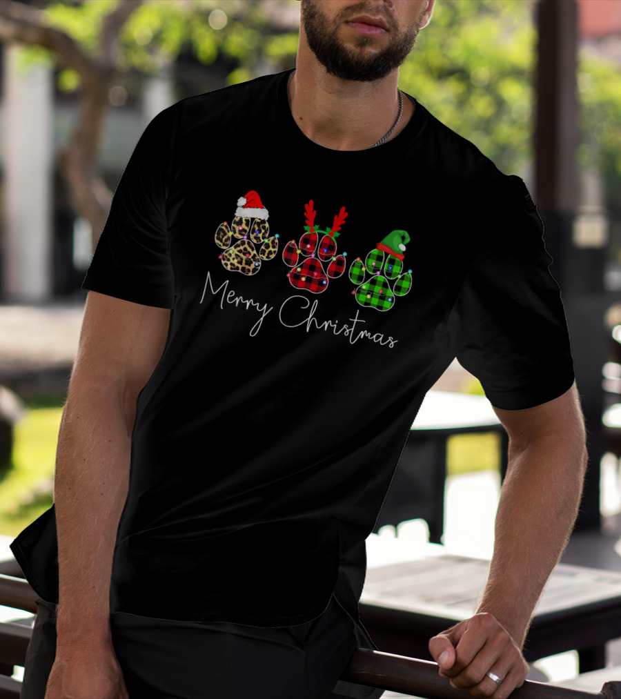 Merry Christmas Leopard Reindeer Elf Paw Dogs T-Shirt