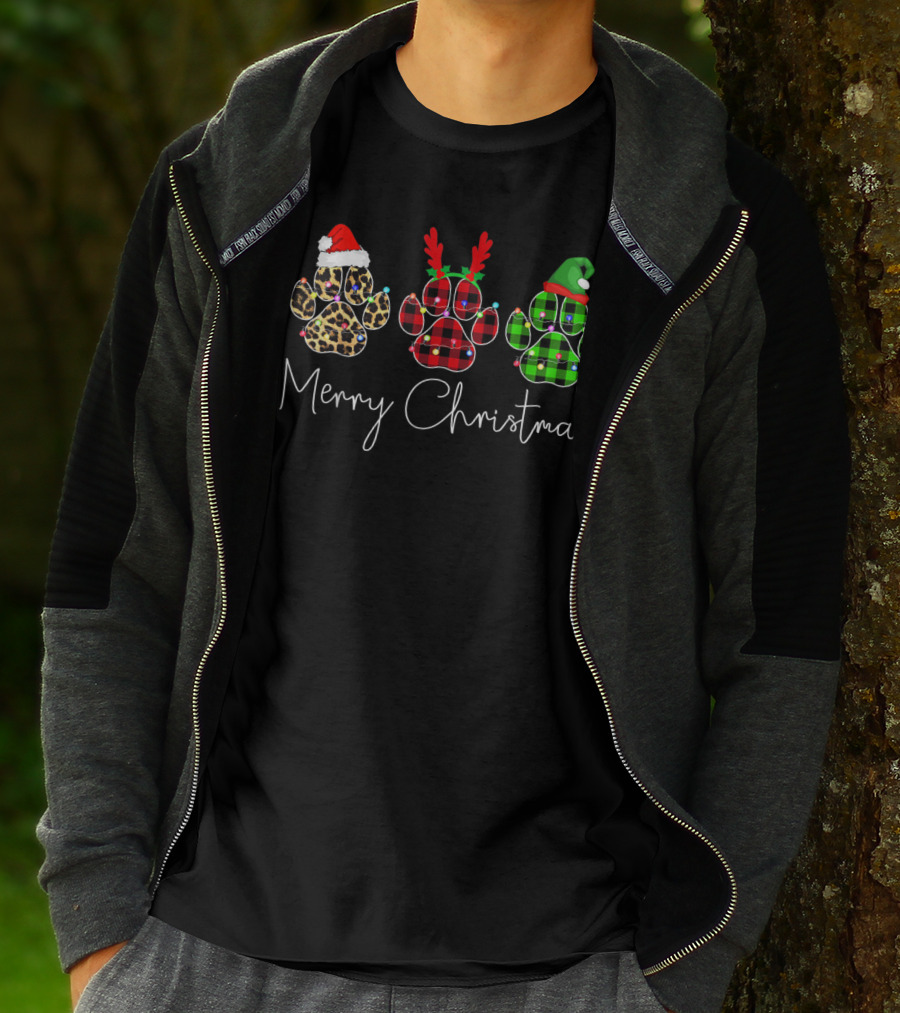 Merry Christmas Leopard Reindeer Elf Paw Dogs T-Shirt