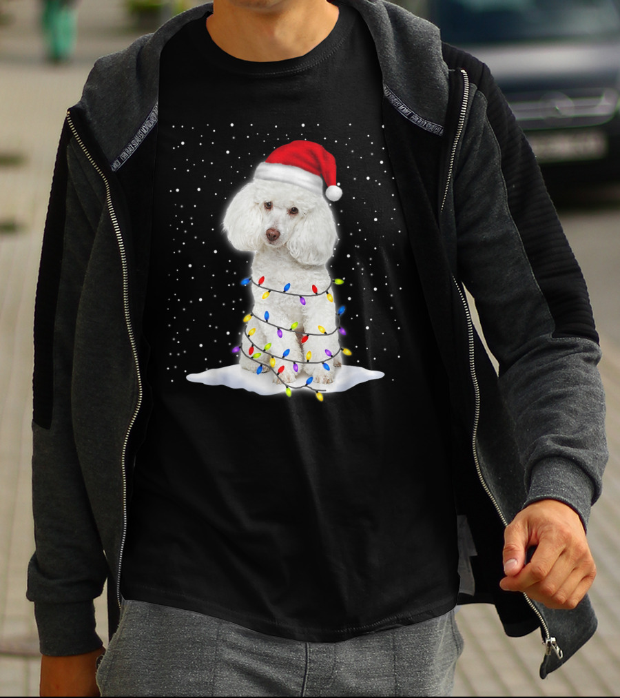 Poodle Santa Christmas Tree Decor With Colorful String Lights Snowfall T-Shirt