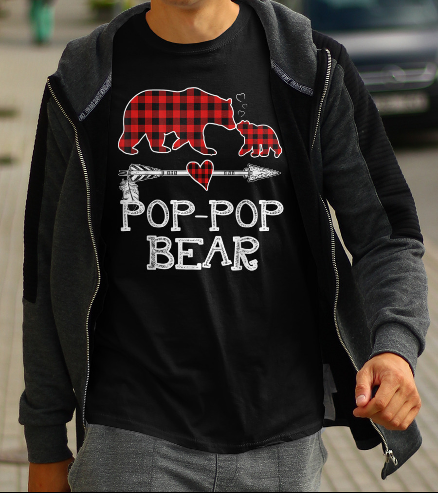Pop Pop Bear Red Plaid Buffalo Christmas Hearts Arrow T-Shirt