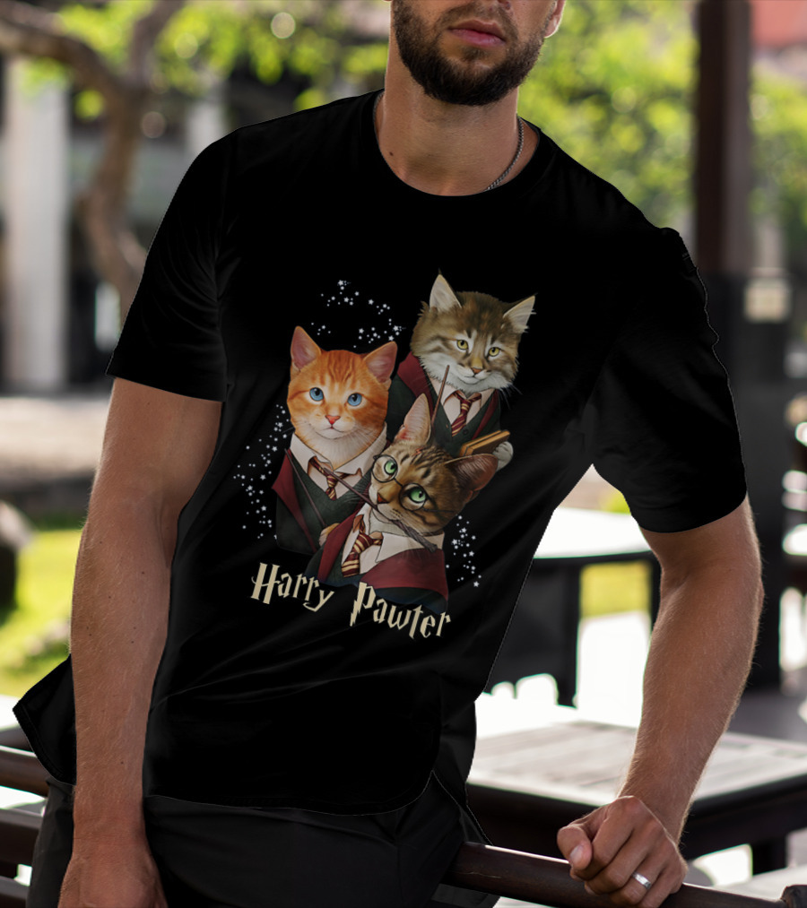 Harry Pawter Cats In Wizard Robes With Wands And Glasses T-Shirt