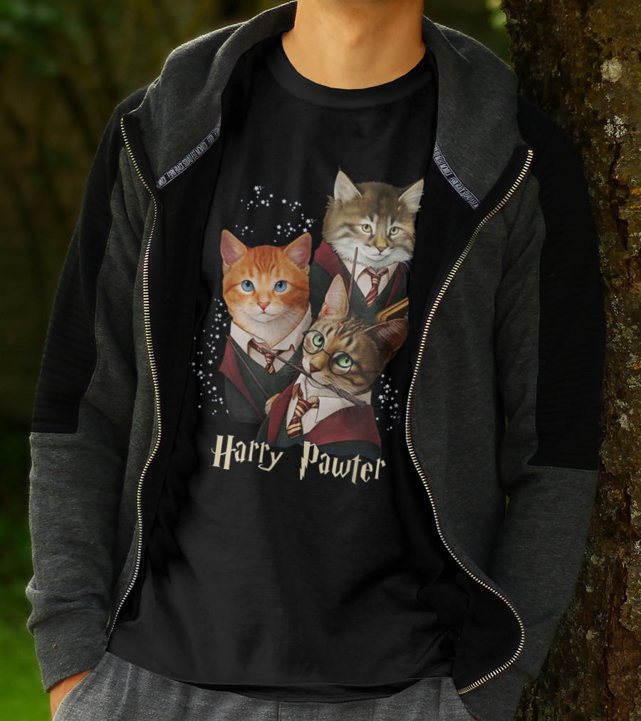 Harry Pawter Cats In Wizard Robes With Wands And Glasses T-Shirt