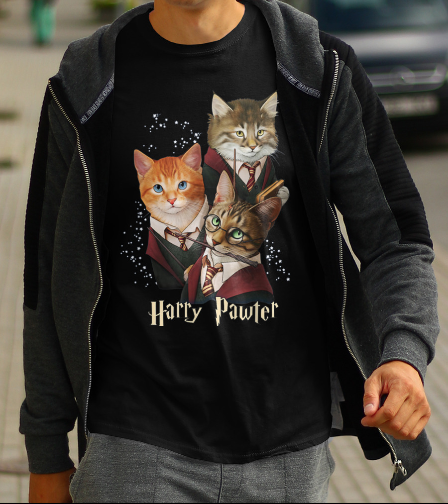 Harry Pawter Cats In Wizard Robes With Wands And Glasses T-Shirt