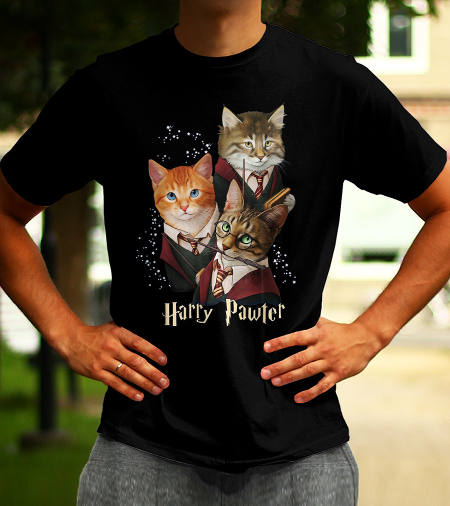 Harry Pawter Cats In Wizard Robes With Wands And Glasses T-Shirt