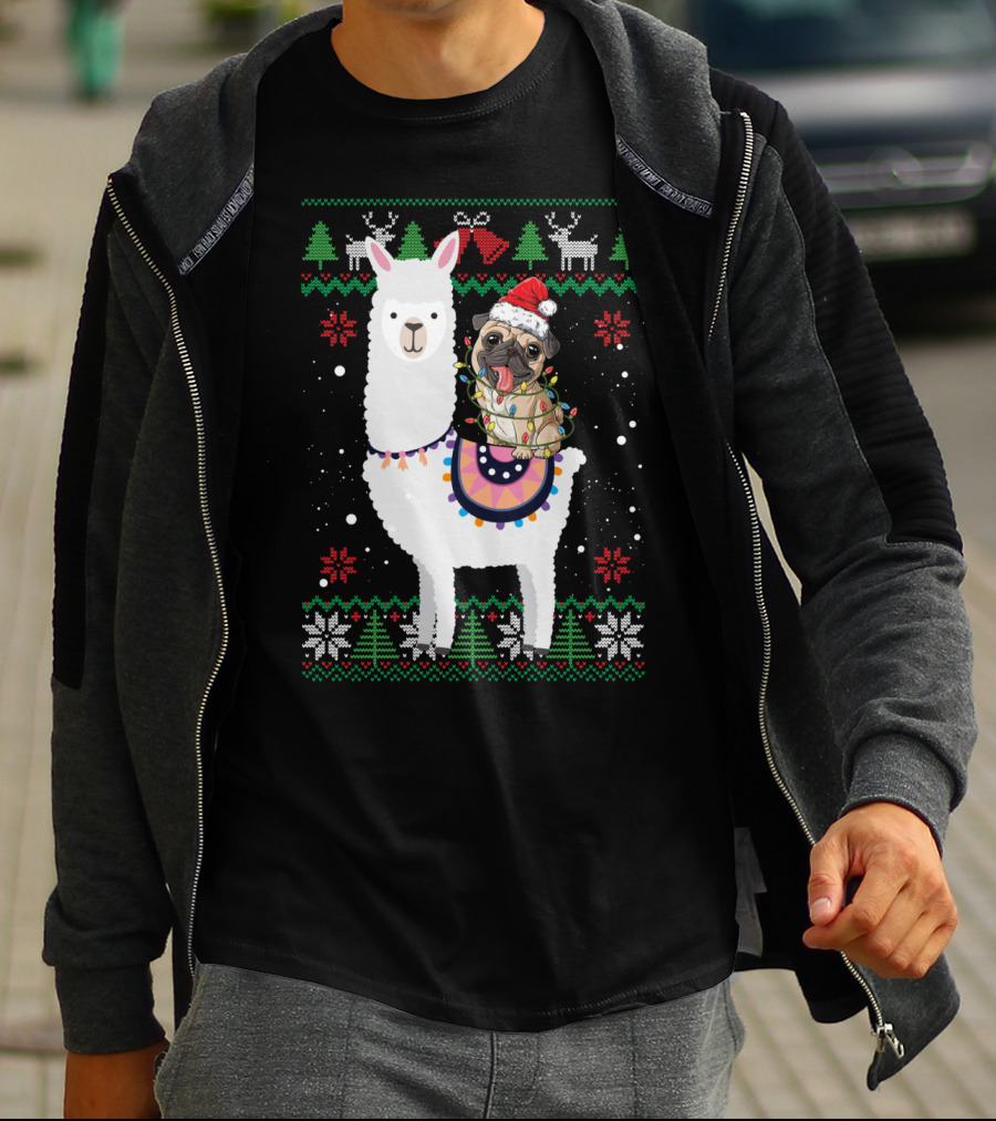 Christmas Pug Riding Llama With Santa Hat And Lights T-Shirt