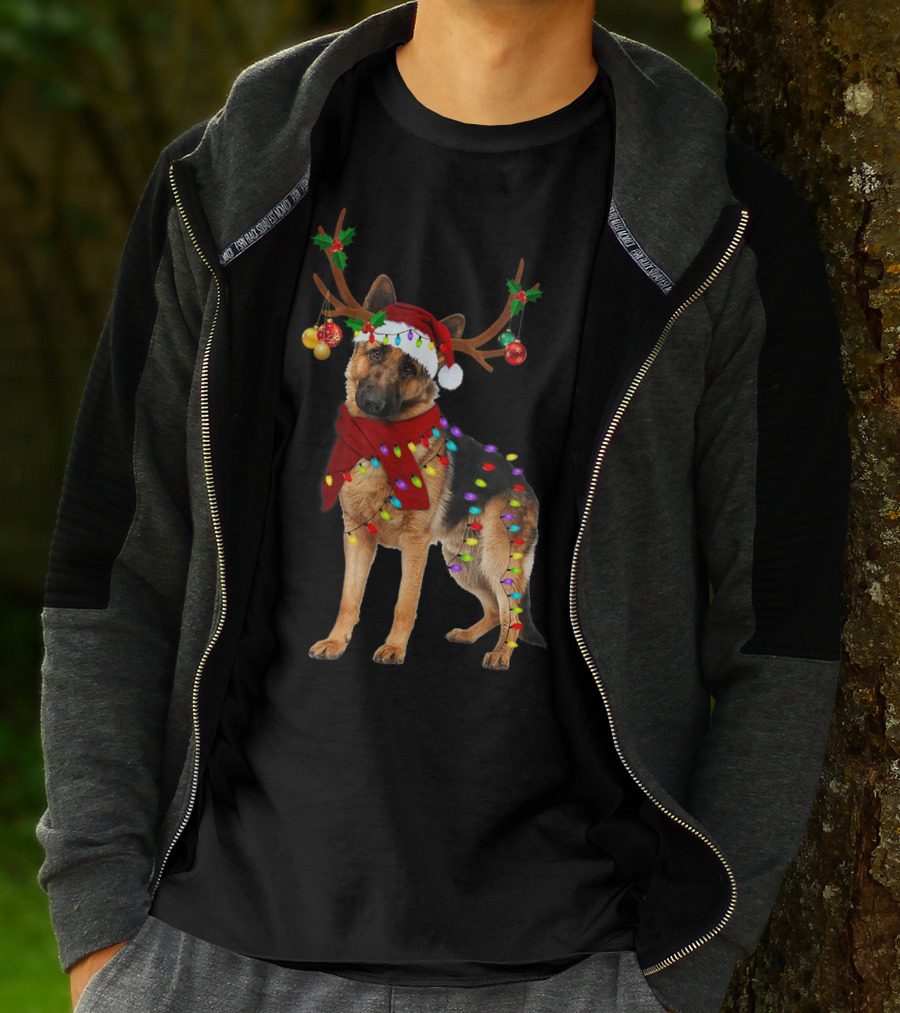 Santa German Shepherd Reindeer Antlers Christmas Lights T-Shirt