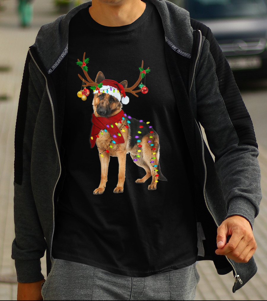 Santa German Shepherd Reindeer Antlers Christmas Lights T-Shirt