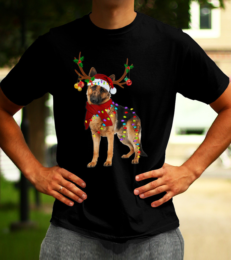 Santa German Shepherd Reindeer Antlers Christmas Lights T-Shirt