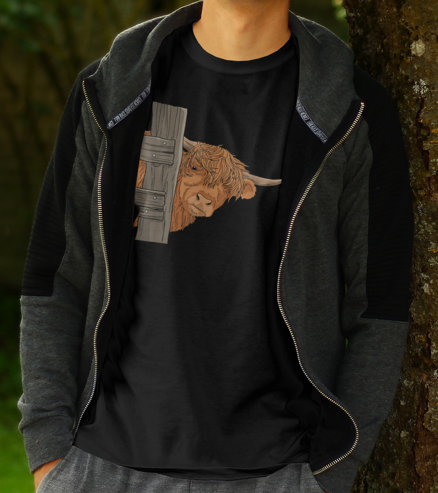 Scottish Highland Cow Spirit Animal Peeking Behind Wooden Fence T-Shirt