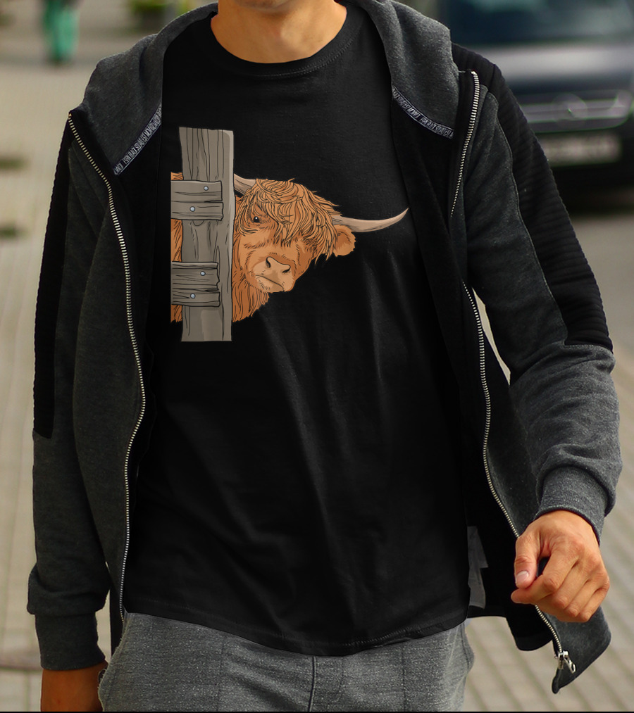 Scottish Highland Cow Spirit Animal Peeking Behind Wooden Fence T-Shirt