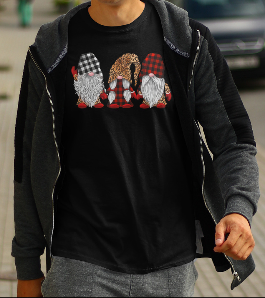 Three Gnomes In Black White Red Plaid And Leopard T-Shirt