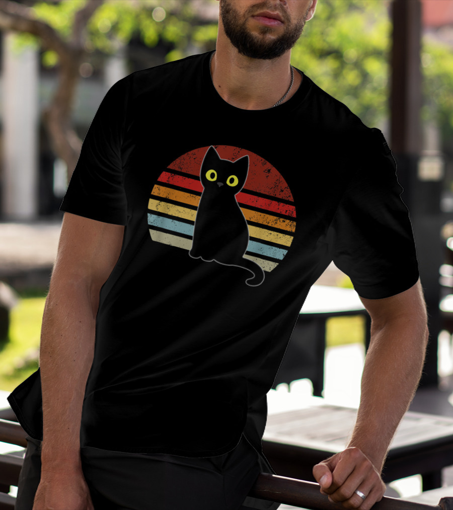 Vintage Retro Stripes Black Cat Kitty Kitten T-Shirt