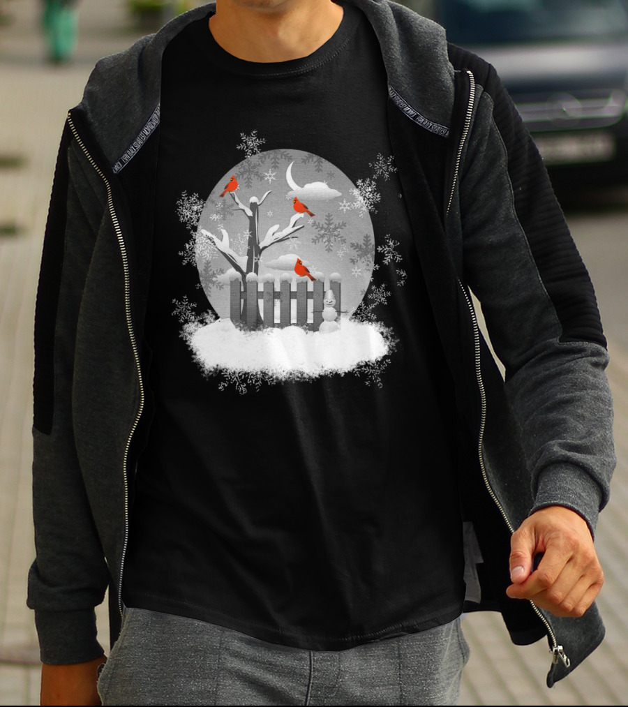 Red Cardinals On Snowy Winter Night With Snowflakes And Moon Scene T-Shirt