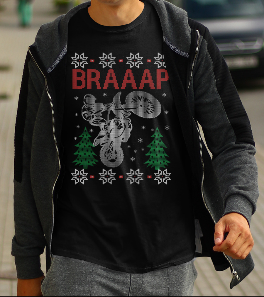 BRAAAP Motorcycle Biker Christmas Ugly Sweater Style Design Snowflakes Trees T-Shirt