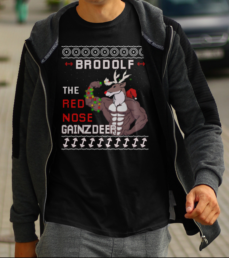 Brodolf The Red Nose Gainzdeer Lifting Weights Festive Sweater Style Fitness T-Shirt