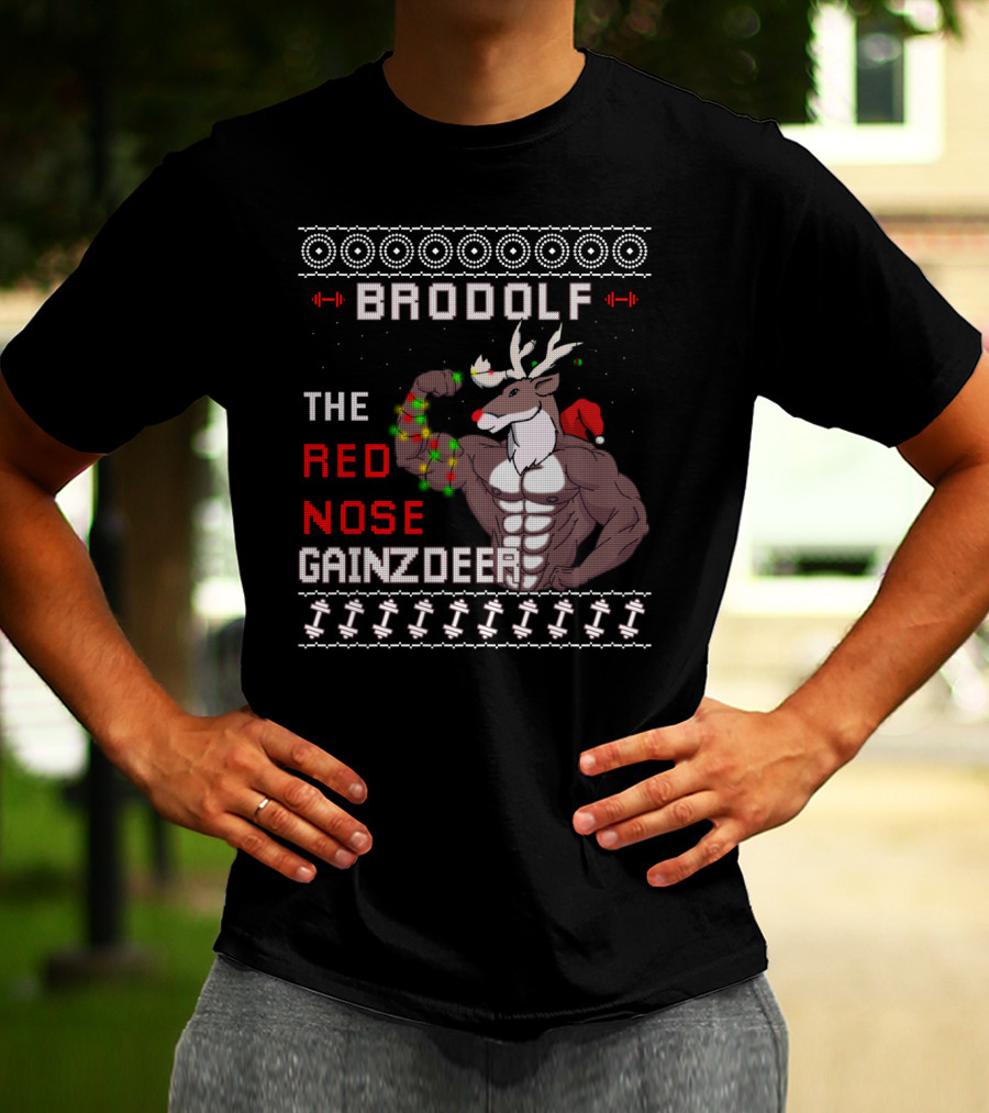 Brodolf The Red Nose Gainzdeer Lifting Weights Festive Sweater Style Fitness T-Shirt