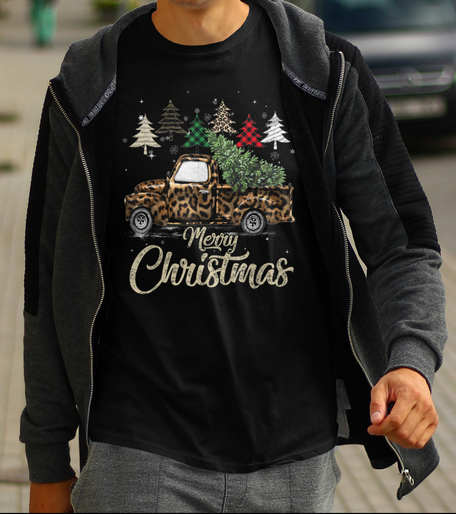 Merry Christmas Buffalo Plaid Leopard Truck With Trees T-Shirt