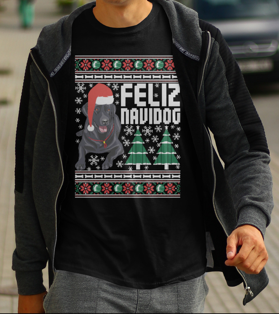 Feliz Navidog Labrador With Santa Hat And Christmas Trees Snowflakes T-Shirt