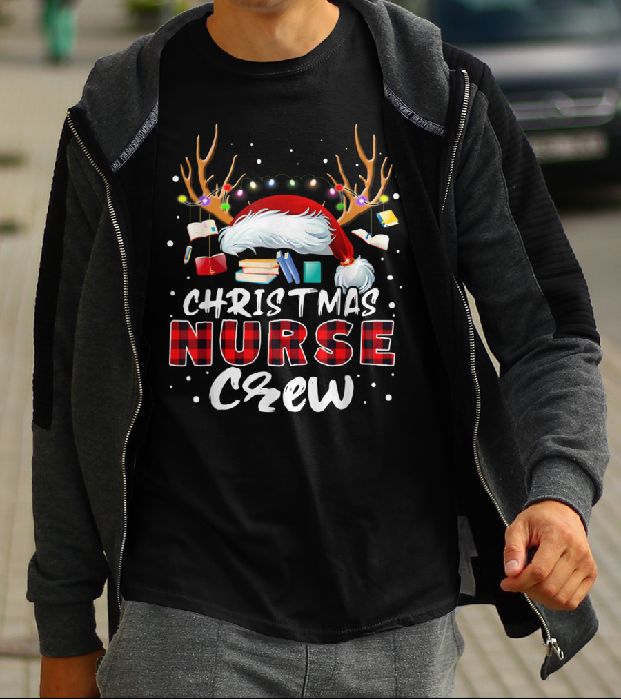 Christmas Nurse Crew RN LPN Santa Hat Reindeer Holiday Lights T-Shirt