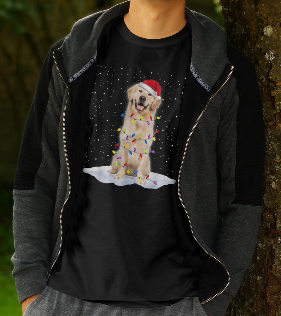 Golden Retriever With Santa Hat Wrapped In Colorful Christmas Tree Lights And Snowflakes T-Shirt