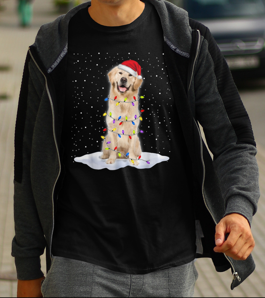 Golden Retriever With Santa Hat Wrapped In Colorful Christmas Tree Lights And Snowflakes T-Shirt