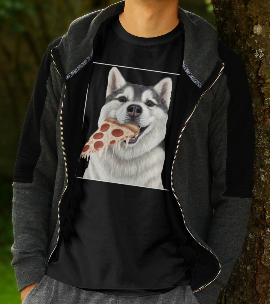 Husky Eating A Pepperoni Pizza Slice Dog Image T-Shirt