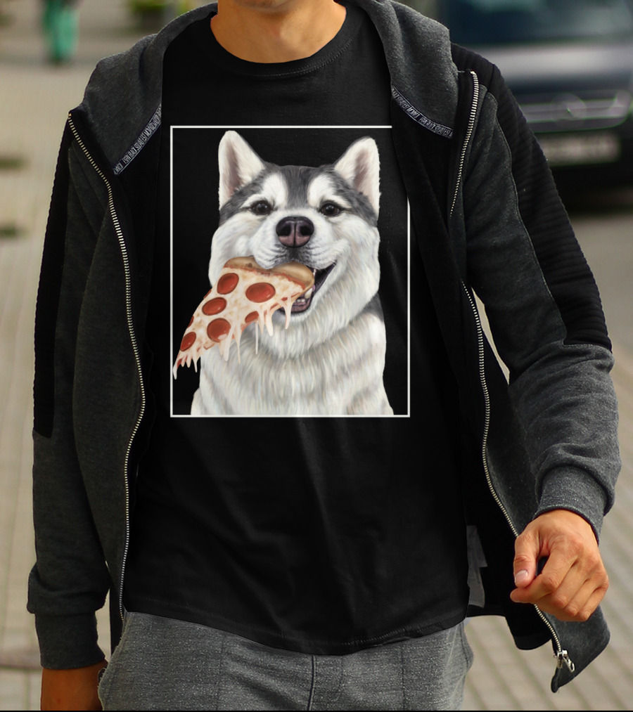 Husky Eating A Pepperoni Pizza Slice Dog Image T-Shirt