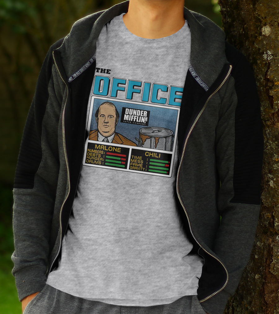 The Office Dunder Mifflin Kevin Malone Chili Numbers Debts Hunger Drums Time Mess Fame Gravity T-Shirt