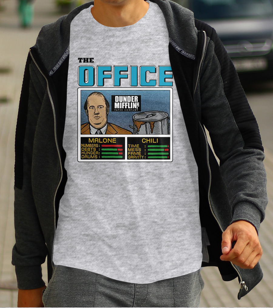 The Office Dunder Mifflin Kevin Malone Chili Numbers Debts Hunger Drums Time Mess Fame Gravity T-Shirt