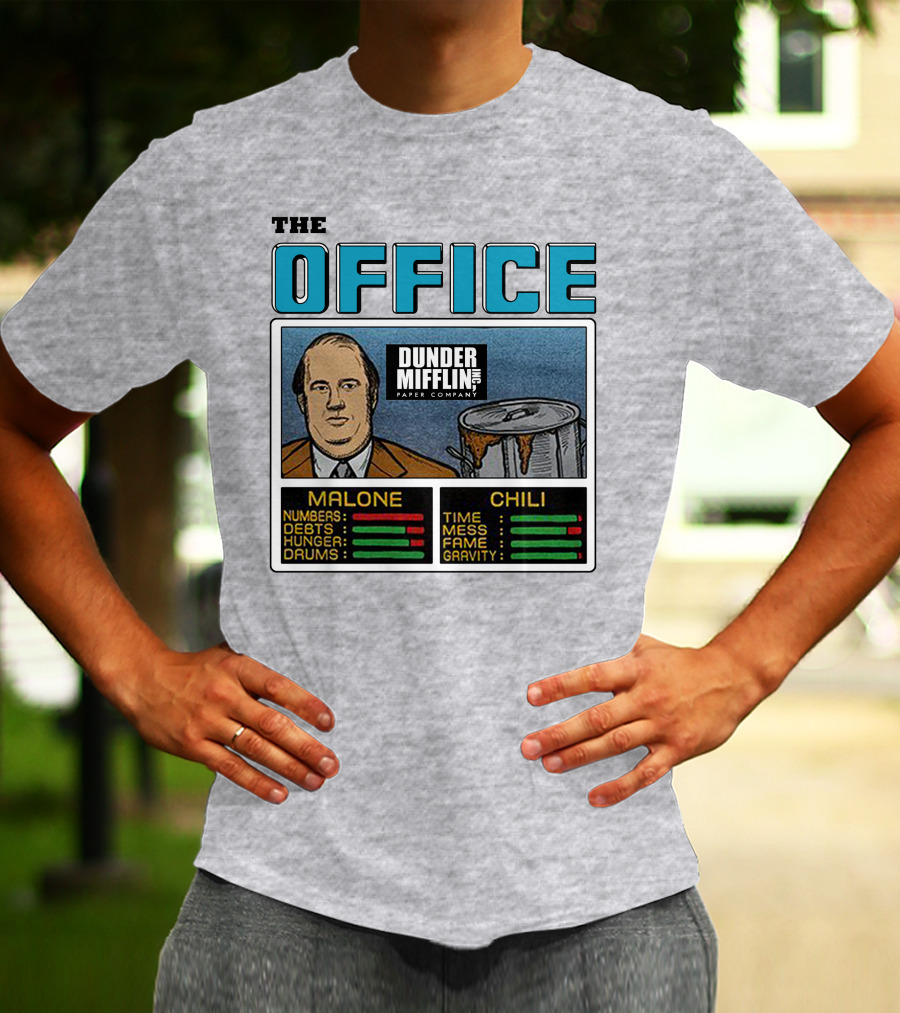 The Office Dunder Mifflin Kevin Malone Chili Numbers Debts Hunger Drums Time Mess Fame Gravity T-Shirt