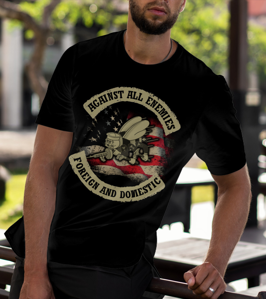Against All Enemies Foreign And Domestic Vintage Army Bee Usa Flag T-Shirt