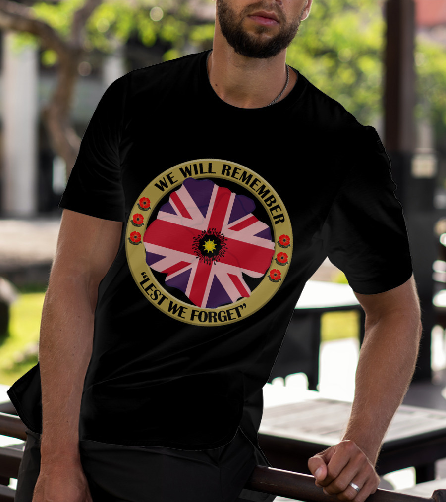 We Will Remember Lest We Forget Union Jack Poppy Remembrance T-Shirt