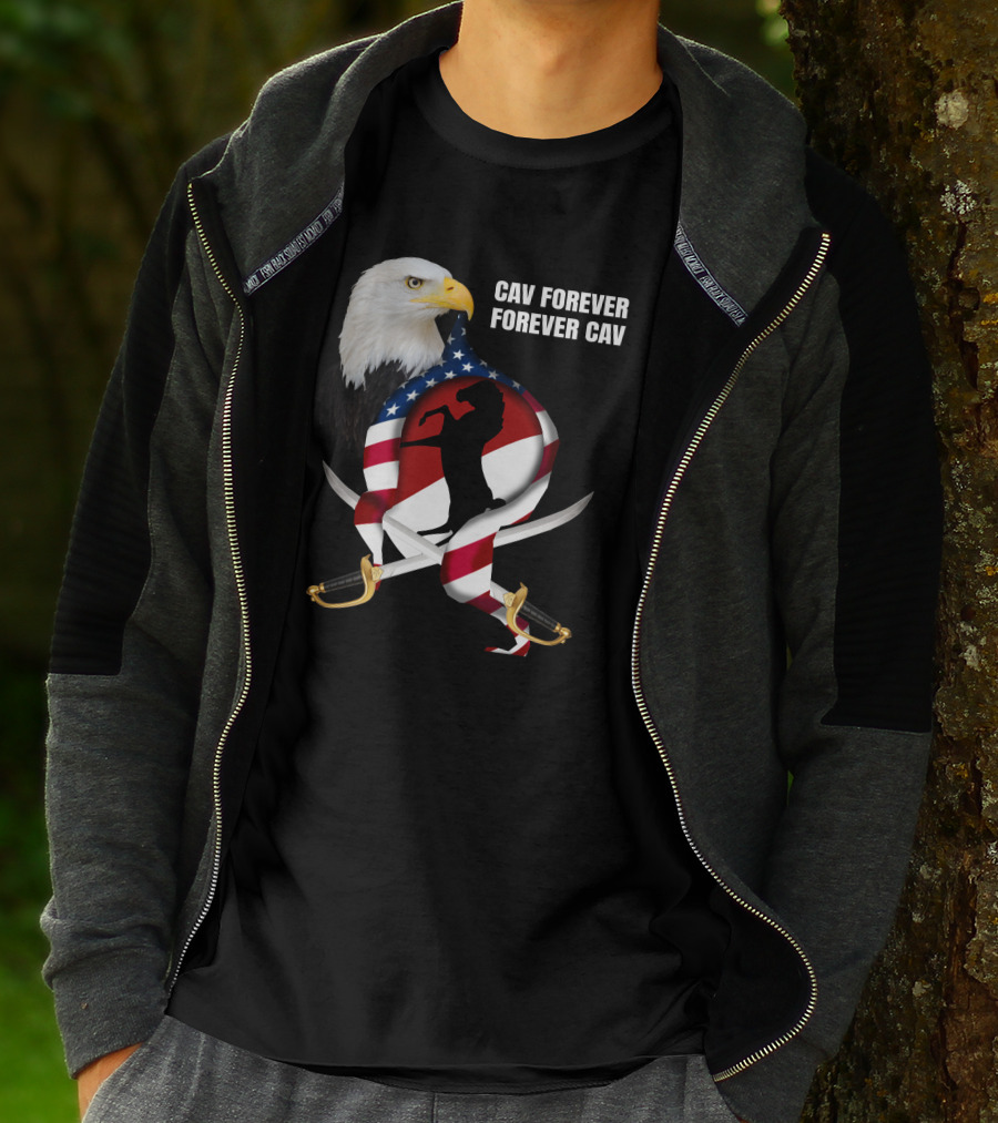 Cav Forever Forever Cav Bald Eagle American Flag Horse Swords T-Shirt