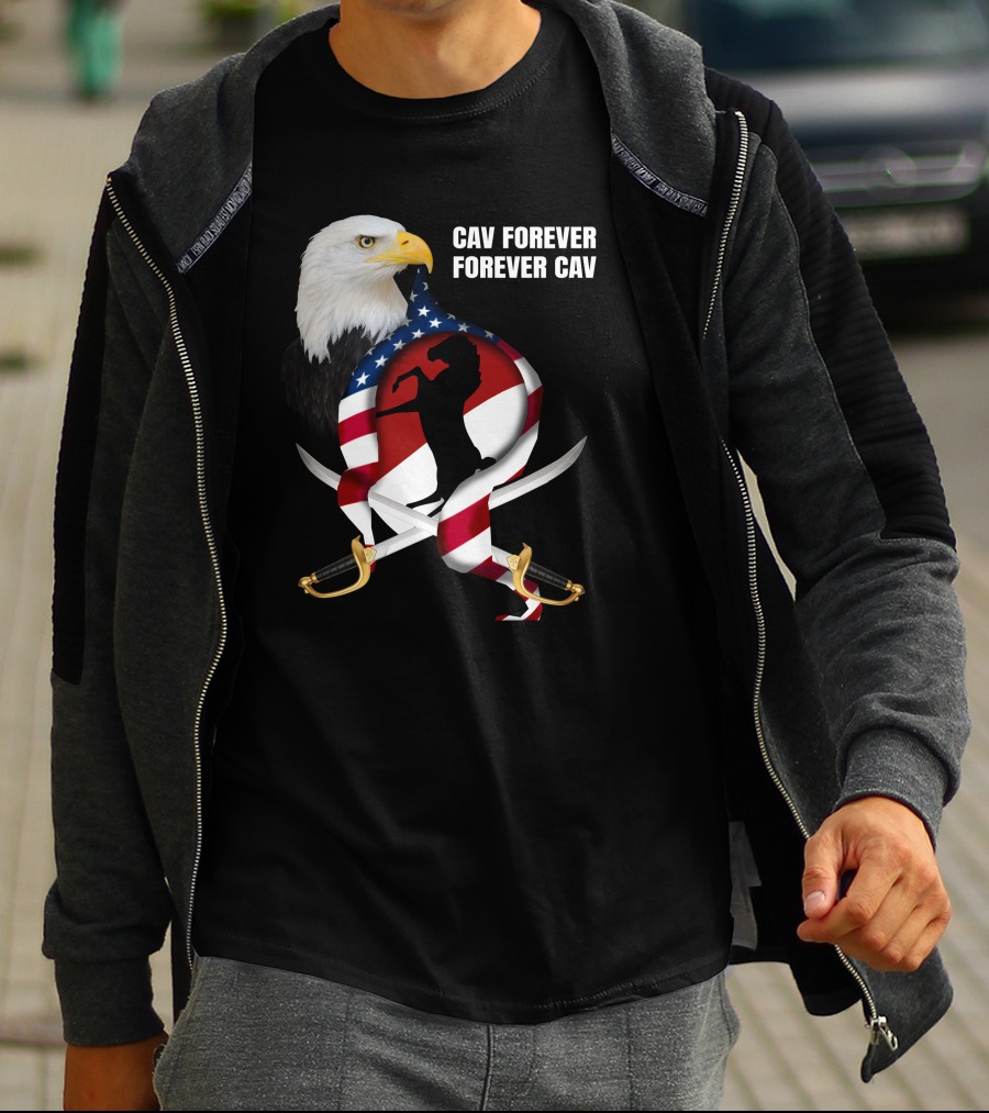 Cav Forever Forever Cav Bald Eagle American Flag Horse Swords T-Shirt