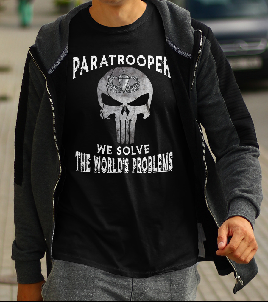 Paratrooper We Solve The World's Problems Punisher Skull Parachute Badge T-Shirt