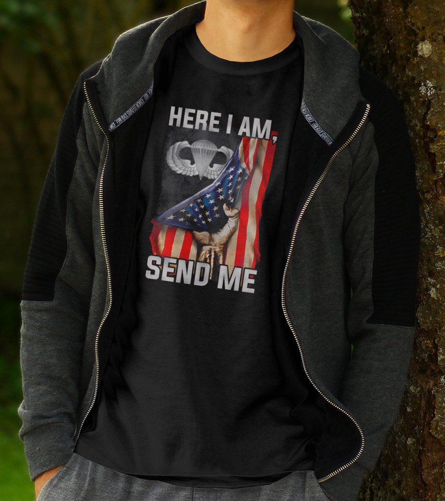 Here I Am Send Me American Flag Paratrooper Wings T-Shirt