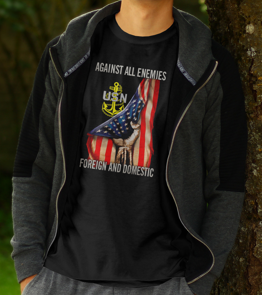 Against All Enemies Foreign And Domestic Usn Anchor American Flag T-Shirt