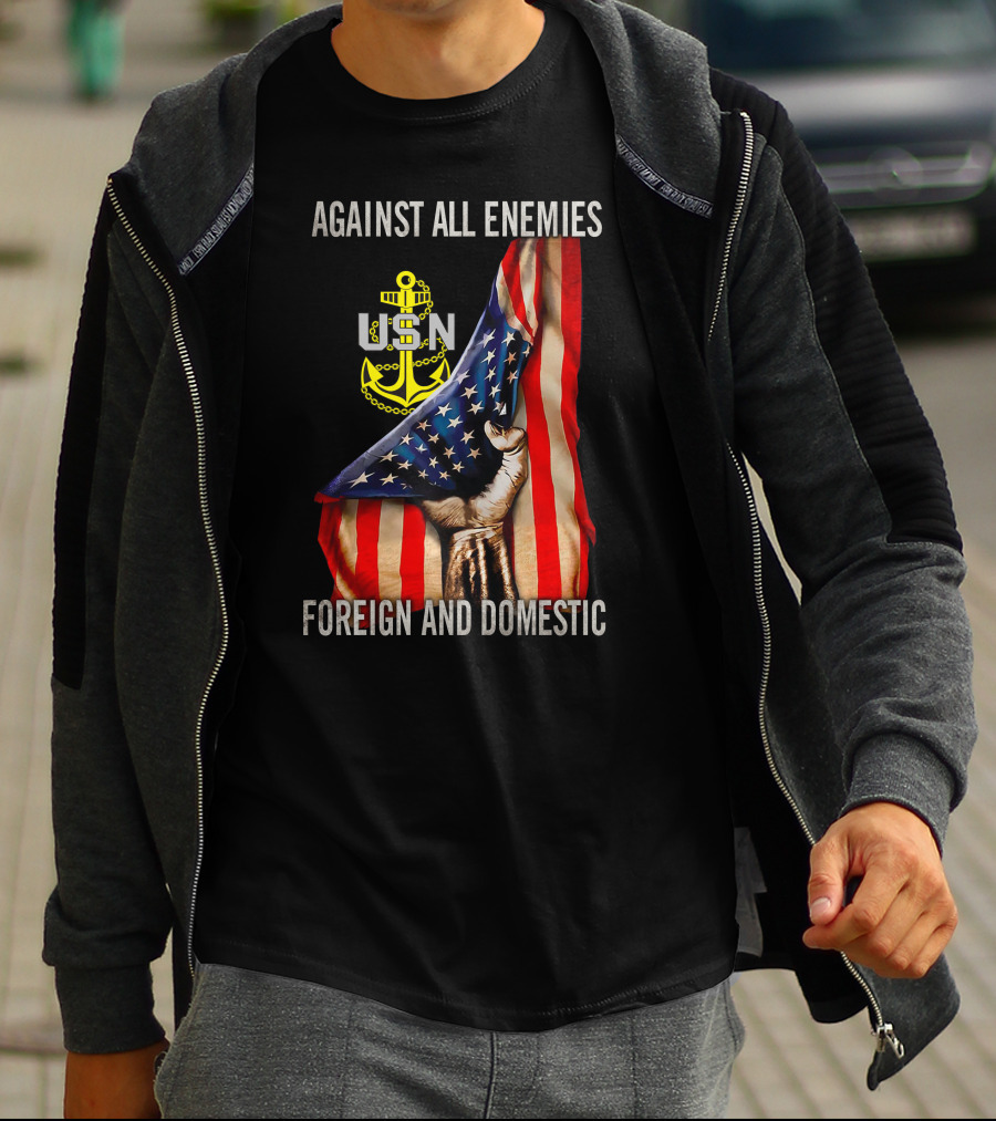 Against All Enemies Foreign And Domestic Usn Anchor American Flag T-Shirt