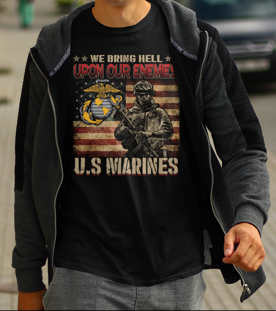 We Bring Hell Upon Our Enemies U.s. Marines Flag Emblem Soldier T-Shirt