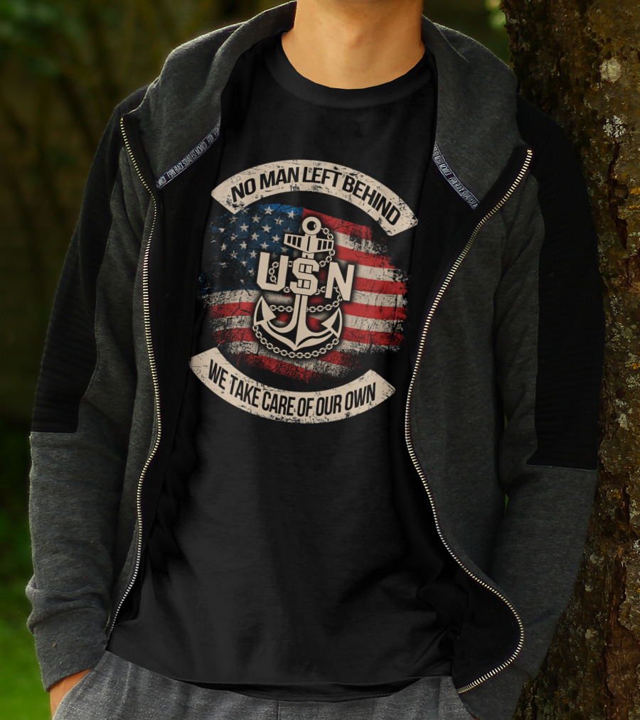 No Man Left Behind Usn We Take Care Of Our Own American Flag Anchor T-Shirt