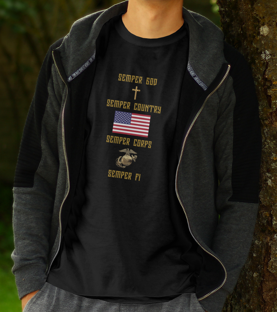 Semper God Country Corps Fi American Flag Eagle Globe Anchor Cross T-Shirt