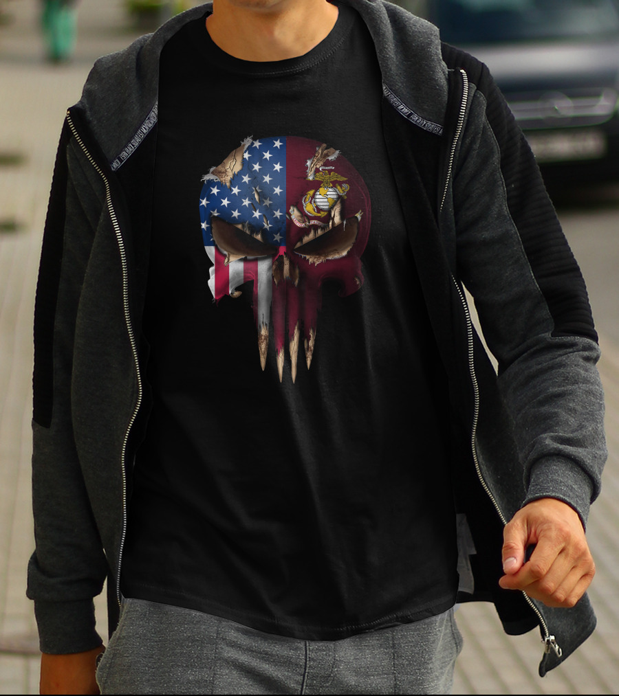 Patriotic Us Flag Skull With Marine Corps T-Shirt