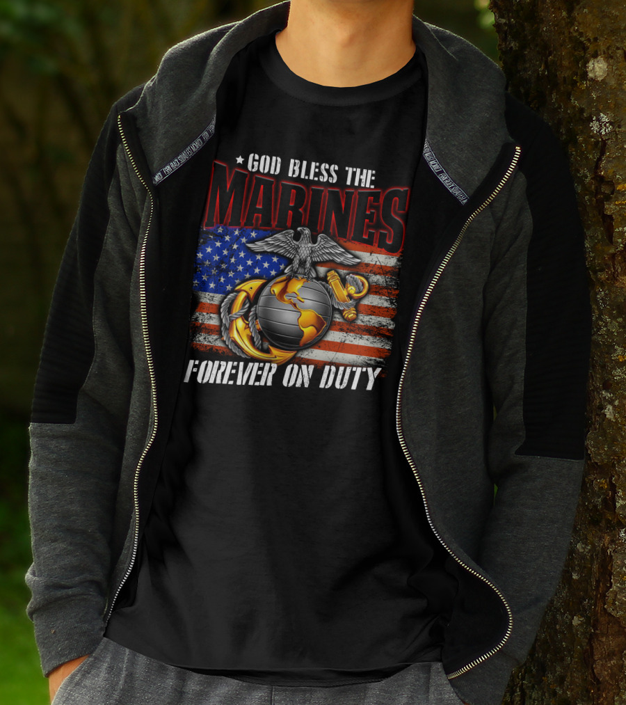 God Bless The Marines Forever On Duty American Flag Honor T-Shirt