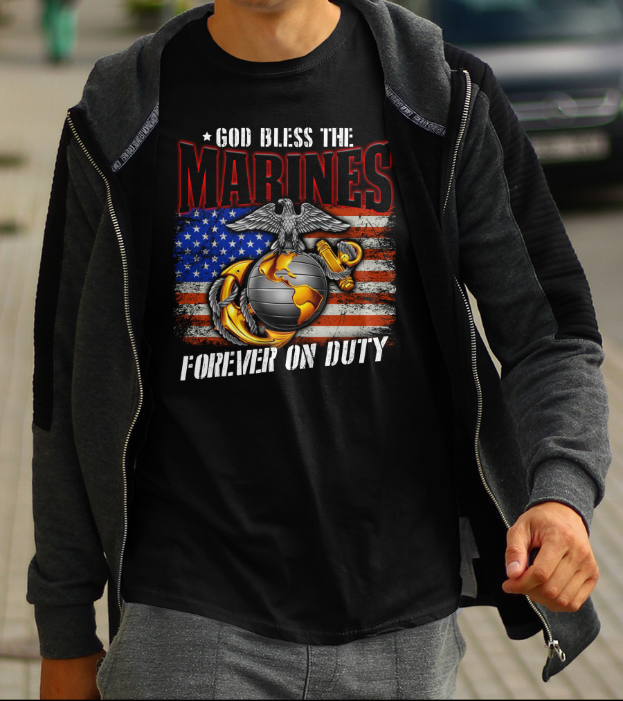 God Bless The Marines Forever On Duty American Flag Honor T-Shirt