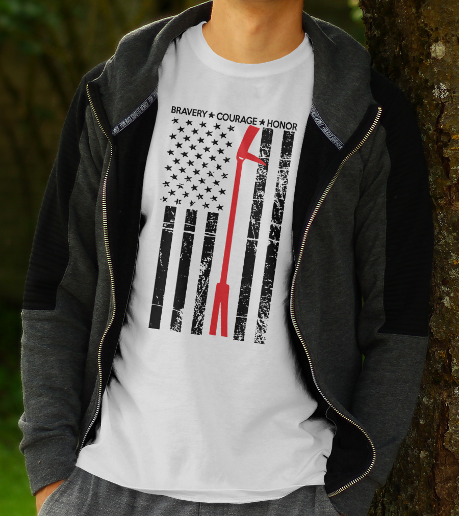 BRAVERY COURAGE HONOR Firefighter Flag With Red Halligan Tool T-Shirt