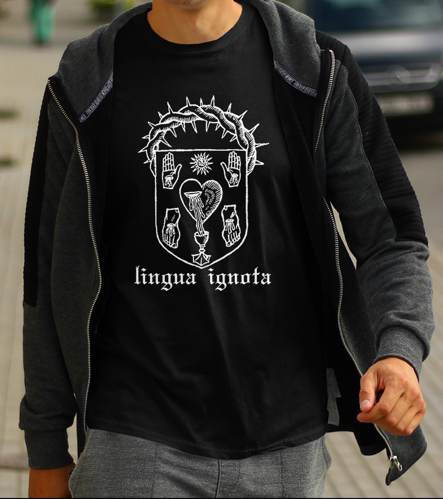 Lingua Ignota Evil Greed Five Wounds Crowned Heart Hands Sun Shield T-Shirt