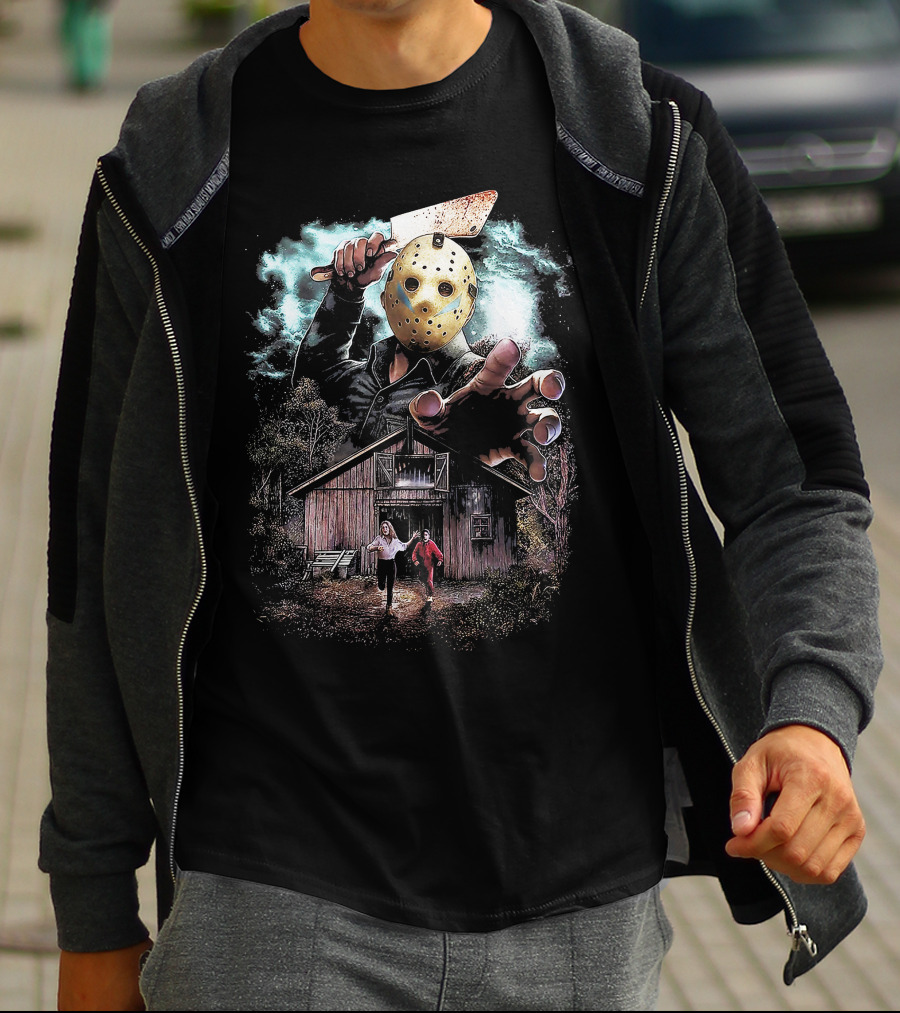 Friday The 13th Jason Voorhees Mask And Cabin Scene T-Shirt