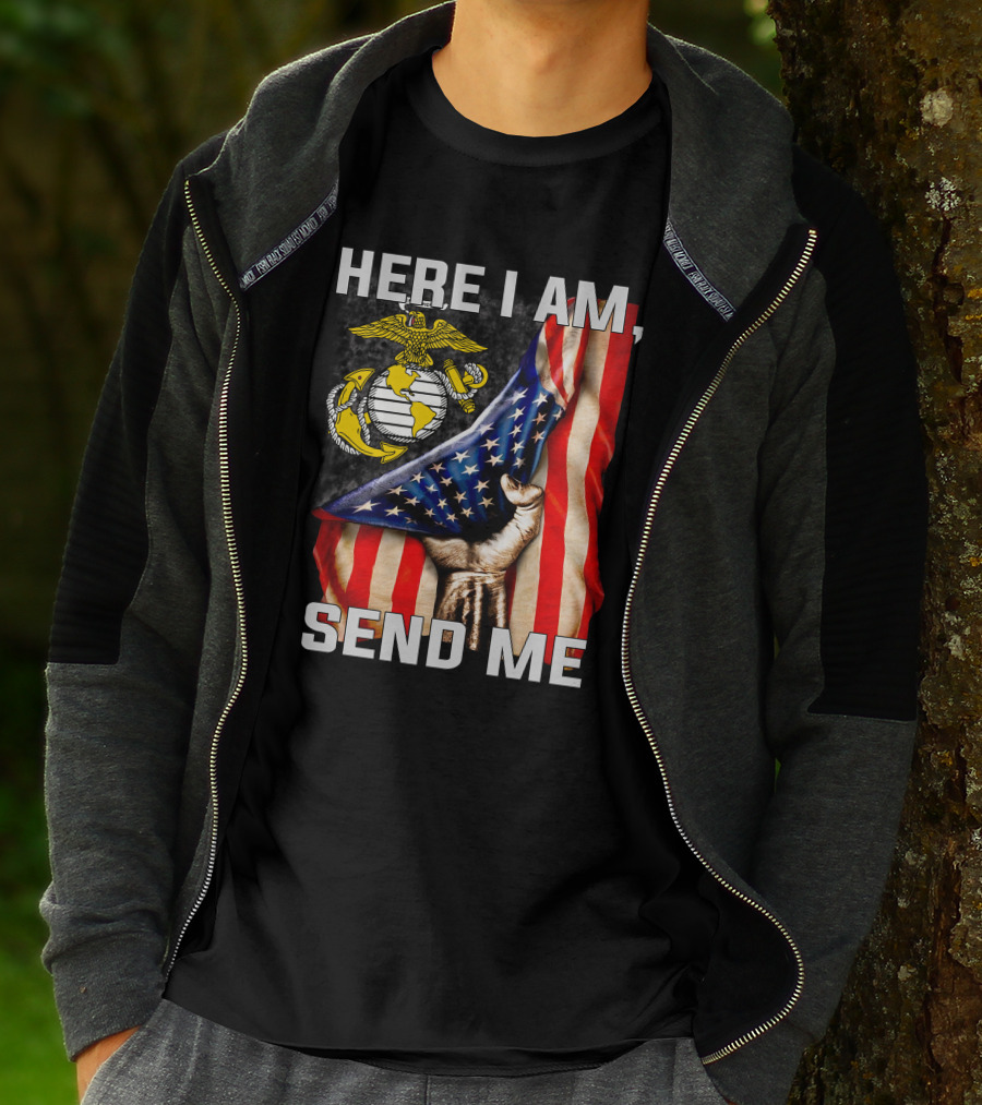 Here I Am Send Me US Marine Corps Eagle Globe Anchor American Flag T-Shirt