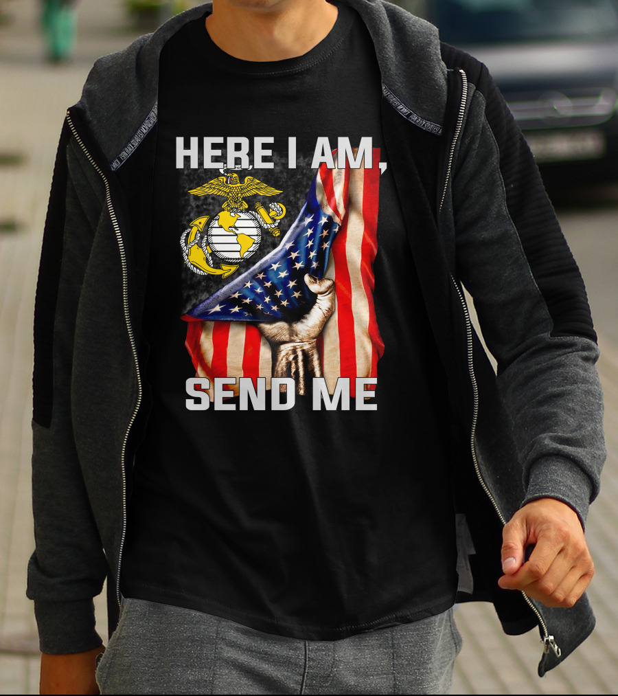 Here I Am Send Me US Marine Corps Eagle Globe Anchor American Flag T-Shirt
