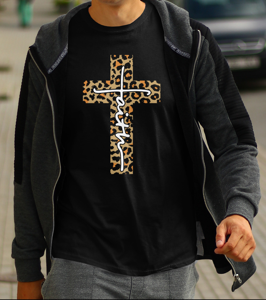 FAITH GUUZ Leopard Print Cross T-Shirt